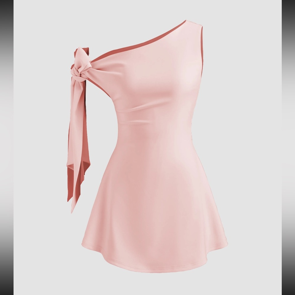Cider Pastel Pink Asymmetrical Neck Knotted Mini Dress